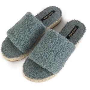 Dolce Vita Karlee Faux Fur Slip On Slide Espadrille Sandals in Dusty Blue Plush